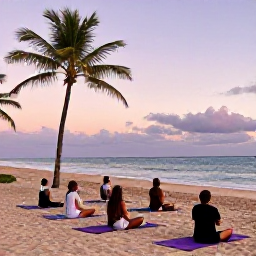 Caribbean Holidays, Puerto Rico Wellness, Small group yoga session on a Puerto Rico beach at dawn, mats facing the ocean, palm trees and peaceful pastel sky
