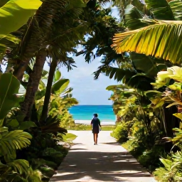 Caribbean Holidays, Puerto Rico Wellness, Tranquil Puerto Rico coastal path through lush greenery, with a visitor walking slowly towards a bright ocean view