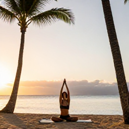 Caribbean Holidays, Puerto Rico Wellness, Traveller doing gentle yoga on a Puerto Rico beach at dawn, palm trees, calm sea and soft golden light
