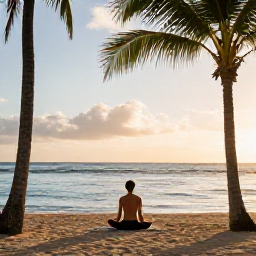 Caribbean Holidays, Puerto Rico Wellness, Traveller enjoying a gentle yoga session on a Puerto Rico beach, palm trees, calm sea and soft morning sunshine