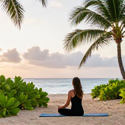 Caribbean Holidays, Puerto Rico Wellness, Traveller enjoying a mindful yoga session on a quiet Puerto Rican beach, tropical greenery, ocean views and early morning light
