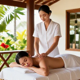 Caribbean Holidays, Puerto Rico Wellness, Traveller receiving a relaxing massage in a bright Puerto Rico spa with natural wood, tropical plants and soft daylight