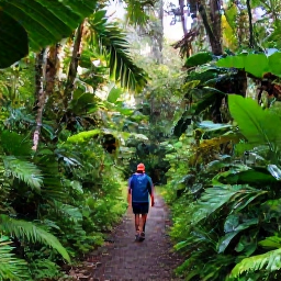 Caribbean Holidays, Puerto Rico Wellness, Traveller walking through El Yunque National Forest in Puerto Rico, lush greenery, peaceful trail and soft morning light