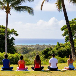 Caribbean Holidays, Puerto Rico Wellness, Visitors practising yoga at a quiet Puerto Rico viewpoint surrounded by tropical forest and distant Caribbean sea