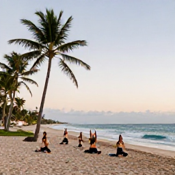 Caribbean Holidays, Puerto Rico Wellness, Visitors practising yoga on a quiet beach in Puerto Rico at sunrise, with palm trees and gentle waves