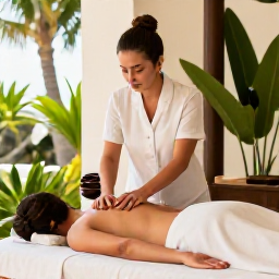 Caribbean Holidays, Puerto Rico Wellness, Wellness traveller receiving a relaxing massage at an elegant Puerto Rico spa, natural materials, tropical greenery and warm daylight