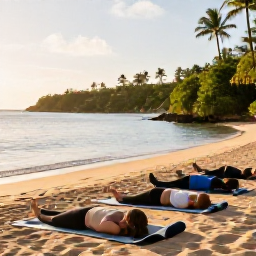 Caribbean Holidays, Puerto Rico Wellness, Yoga class on a Puerto Rican beach beside calm water, tropical greenery, rolled mats and early morning sunlight