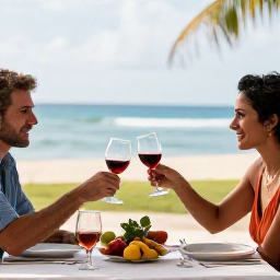 Caribbean Holidays, Puerto Rico Wine, Couple raising wine glasses at a relaxed Puerto Rican dinner table in February