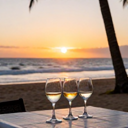 Caribbean Holidays, Puerto Rico Wine, Relaxed Caribbean beach near San Juan with a table holding wine glasses at sunset