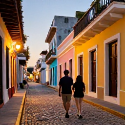 Caribbean Holidays, Puerto Rico Wine Tasting, A couple walking through colourful Old San Juan after a wine tasting, with cobbled streets, colonial buildings and evening light