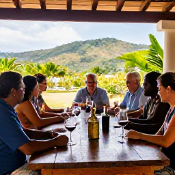 Caribbean Holidays, Puerto Rico Wine Tasting, Visitors enjoying a guided wine tasting at a rustic Puerto Rican estate, with glasses on a wooden table and tropical hills beyond