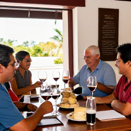 Caribbean Holidays, Puerto Rico Wine, Visitors enjoying a guided wine tasting with local cheeses at an elegant Puerto Rican restaurant