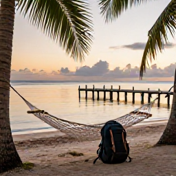 Caribbean Holidays, Quiet Backpacking, A backpack resting beside a hammock on a quiet Caribbean beach at sunset, with calm sea, palms and a small wooden jetty