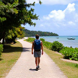 Caribbean Holidays, Quiet Backpacking, A backpacker walking along a quiet coastal path through lush Caribbean vegetation with sea views and small fishing boats