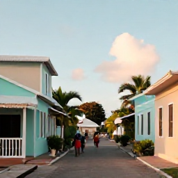 Caribbean Holidays, Quiet Backpacking, A peaceful Caribbean village street with pastel houses, a small caf&eacute;, tropical plants and a few local residents in warm afternoon light