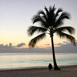 Caribbean Holidays, Quiet Backpacking, A quiet Caribbean beach at dawn with a lone backpack beside a palm tree, soft golden light and calm turquoise water