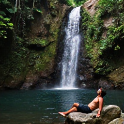 Caribbean Holidays, Quiet Backpacking, A quiet tropical waterfall and rainforest pool in the Caribbean, with a traveller resting on a nearby rock and no crowds