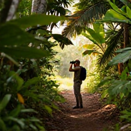 Caribbean Holidays, Quiet Birdwatching, Birdwatcher using binoculars beside a quiet Caribbean forest trail, tropical vegetation and soft morning light