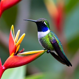 Caribbean Holidays, Quiet Birdwatching, Colourful Caribbean hummingbird perched on a tropical flower in a quiet garden, sharp wildlife photograph