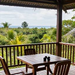 Caribbean Holidays, Quiet Birdwatching, Quiet Caribbean eco-lodge veranda overlooking forest and distant sea, binoculars on a wooden table