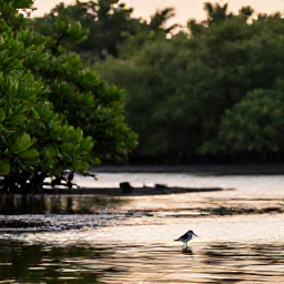 Caribbean Holidays, Quiet Birdwatching, Quiet Caribbean wetland at dawn with mangroves, still water and a small wading bird, natural travel photography