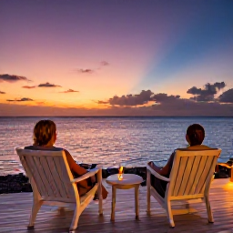 Caribbean Holidays, Quiet Caribbean, A couple relaxing on a quiet Caribbean terrace overlooking the sea at sunset, comfortable chairs, warm light and peaceful atmosphere
