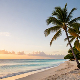 Caribbean Holidays, Quiet Caribbean, A quiet Caribbean beach at sunrise, soft golden light, calm turquoise sea and a few palm trees, peaceful travel photograph