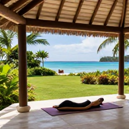 Caribbean Holidays, Quiet Caribbean, A tranquil Caribbean wellness retreat surrounded by tropical gardens, with a shaded yoga terrace and views towards the sea