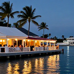Caribbean Holidays, Quiet Caribbean Breaks, A calm Caribbean evening in a small harbour, with softly lit restaurants, palm trees and people dining outdoors