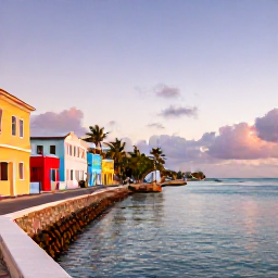 Caribbean Holidays, Quiet Caribbean Breaks, A peaceful Caribbean waterfront at sunrise, with quiet streets, pastel buildings and calm blue water
