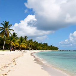 Caribbean Holidays, Quiet Caribbean Breaks, A secluded Caribbean beach near a relaxed town, with soft sand, palm trees and calm turquoise water