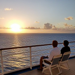Caribbean Holidays, Quiet Caribbean Cruises, A couple enjoying a quiet sunset on a Caribbean cruise balcony, with warm light over calm blue water