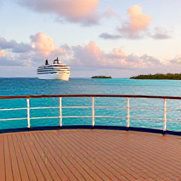 Caribbean Holidays, Quiet Caribbean Cruises, A quiet cruise ship sailing through calm turquoise Caribbean waters at sunrise, with empty decks and small tropical islands in the distance