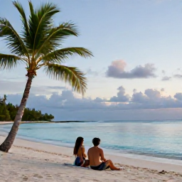 Caribbean Holidays, Quiet Caribbean Escapes, Couple relaxing on a quiet Caribbean beach beside calm blue sea, with palms and soft evening light