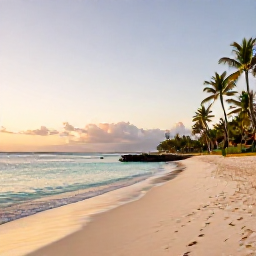 Caribbean Holidays, Quiet Caribbean Escapes, Quiet Caribbean beach at sunrise with calm turquoise water, empty sand and palm trees