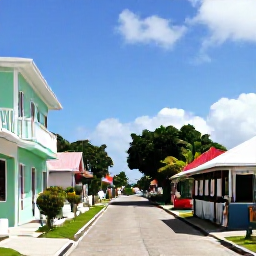 Caribbean Holidays, Quiet Caribbean Escapes, Quiet Caribbean village street with pastel buildings, tropical plants and a small local caf&eacute;