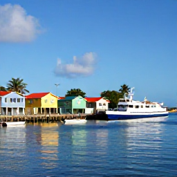 Caribbean Holidays, Quiet Caribbean Escapes, Small Caribbean harbour with a local ferry, colourful houses and a few fishing boats in clear calm water
