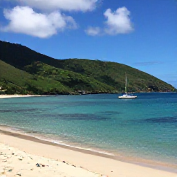 Caribbean Holidays, Quiet Caribbean Holidays, A calm Caribbean bay surrounded by green hills, with a small sailing boat and a quiet sandy beach