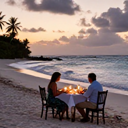 Caribbean Holidays, Quiet Caribbean Holidays, A candlelit dinner for two on a quiet Caribbean beach at sunset, with gentle waves and a peaceful tropical setting