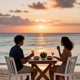 Caribbean Holidays, Quiet Caribbean Holidays, A couple enjoying a quiet sunset beside the Caribbean sea, with local food on a small table and a gentle relaxed atmosphere