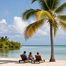 Caribbean Holidays, Quiet Caribbean Holidays, A couple relaxing beneath palm trees beside a calm Caribbean lagoon, with two sun loungers and a peaceful tropical landscape