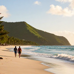 Caribbean Holidays, Quiet Caribbean Holidays, A couple walking along a deserted Caribbean beach at golden hour, with gentle waves and lush green hills in the distance