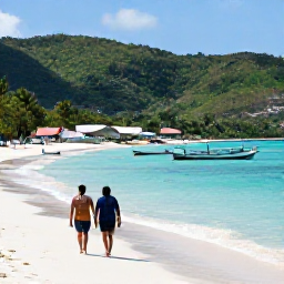 Caribbean Holidays, Quiet Caribbean Holidays, A couple walking along a quiet Caribbean shoreline near a small fishing village, with local boats and green hills in the background