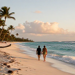 Caribbean Holidays, Quiet Caribbean Holidays, A couple walking quietly along a deserted Caribbean beach in the late afternoon, with gentle waves, palm trees and golden sunlight
