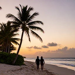Caribbean Holidays, Quiet Caribbean Holidays, A couple walking quietly along a secluded Caribbean beach at sunset, with palm trees and warm pastel skies