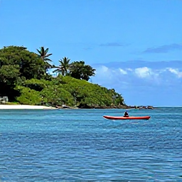 Caribbean Holidays, Quiet Caribbean Holidays, A lone kayaker paddling across calm Caribbean water beside a green, unspoilt coastline