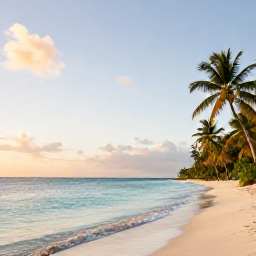 Caribbean Holidays, Quiet Caribbean Holidays, A peaceful Caribbean beach at sunrise, with calm turquoise water, soft golden light and a few palm trees, no crowds