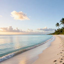 Caribbean Holidays, Quiet Caribbean Holidays, A peaceful Caribbean beach at sunrise with calm turquoise water, soft white sand, and just a few distant palm trees