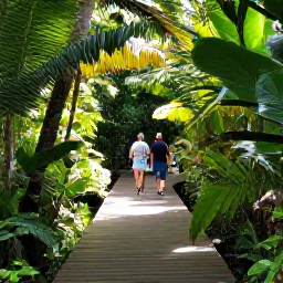 Caribbean Holidays, Quiet Caribbean Holidays, A peaceful rainforest trail in the Caribbean with lush green plants, dappled sunlight, wooden boardwalk and a couple walking quietly