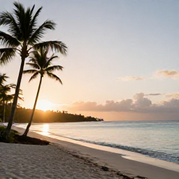 Caribbean Holidays, Quiet Caribbean Holidays, A quiet Caribbean beach at sunrise with calm turquoise water, soft golden light, and a few palm trees